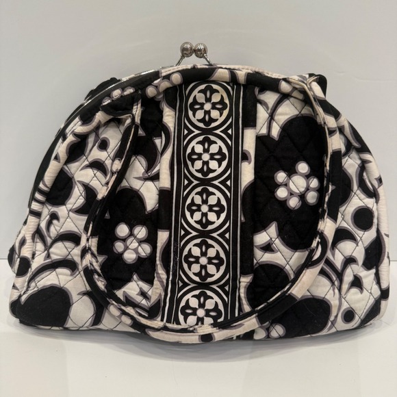 Vera Bradley Night and Day Quilted Cotton Kiss Lock Frame Bag Black White Floral - Picture 2 of 6